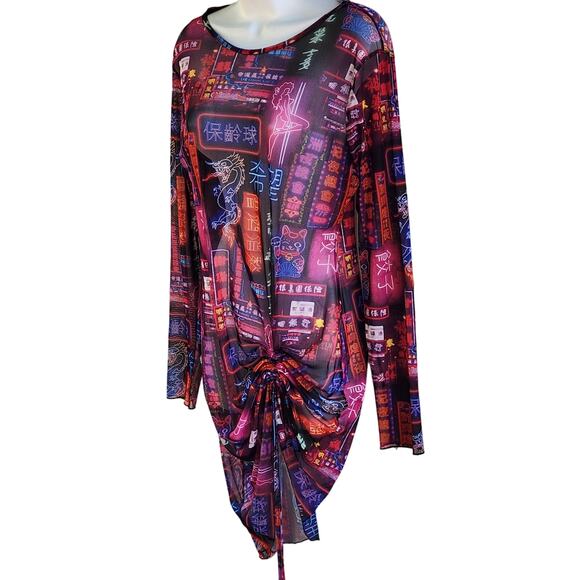 Missguided Hong Kong Scenic Nightlife Mesh Bodycon Dress 10 Gathered Tie Hem - Picture 2 of 9